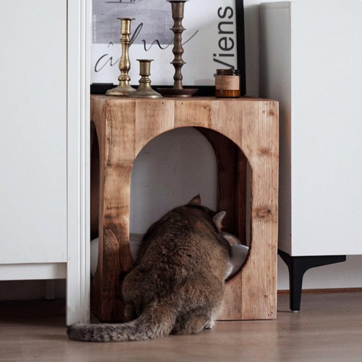 Pet-Friendly Reclaimed Wood Coffee Table with Hidden Cat Hideaway