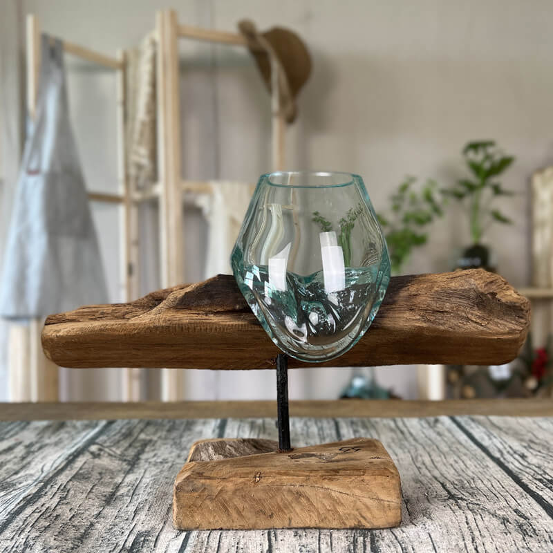 Molten Glass on Driftwood – Hand Blown Recycled Glass Terrarium & Succulent Planter