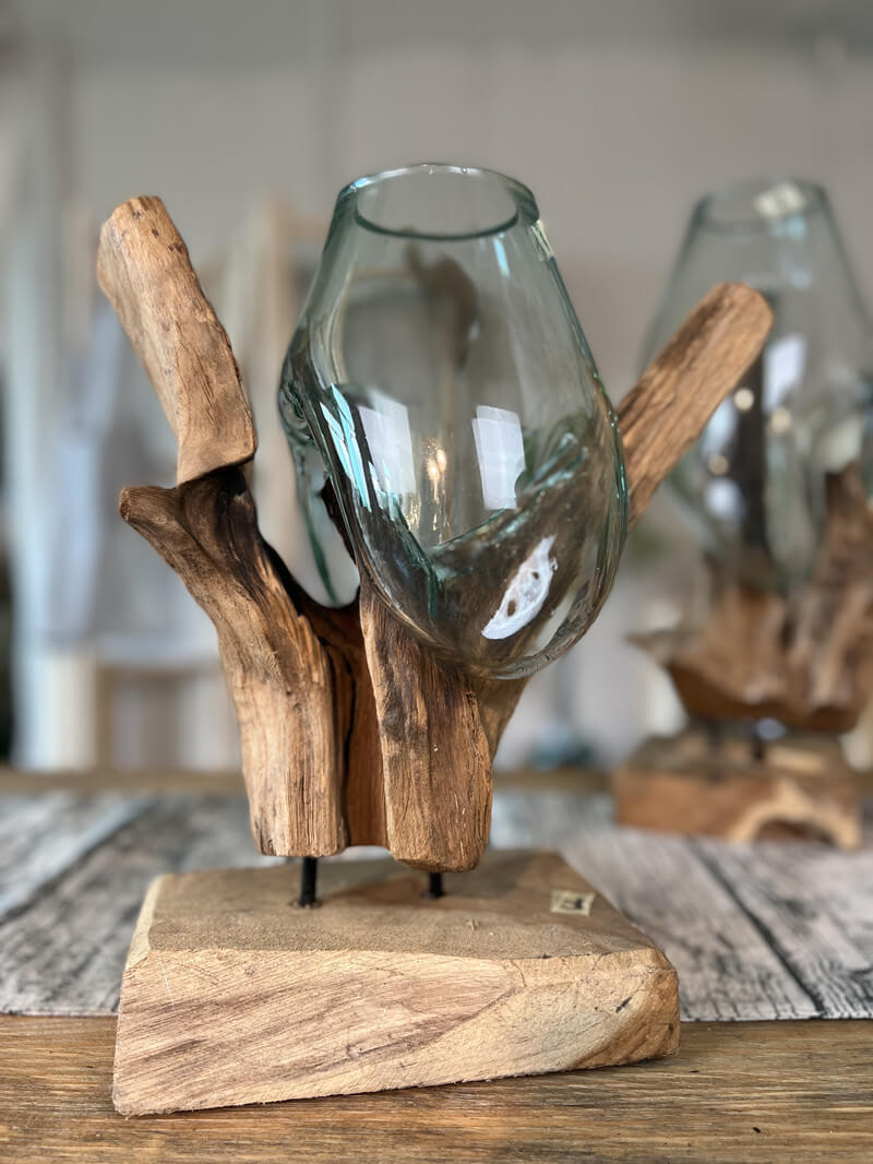Molten Glass on Driftwood – Hand Blown Recycled Glass Terrarium & Succulent Planter