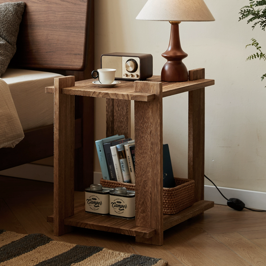 Solid Wood Nightstand with 2-Tier Open Shelves — Rustic Bedside/End Table for Small Spaces
