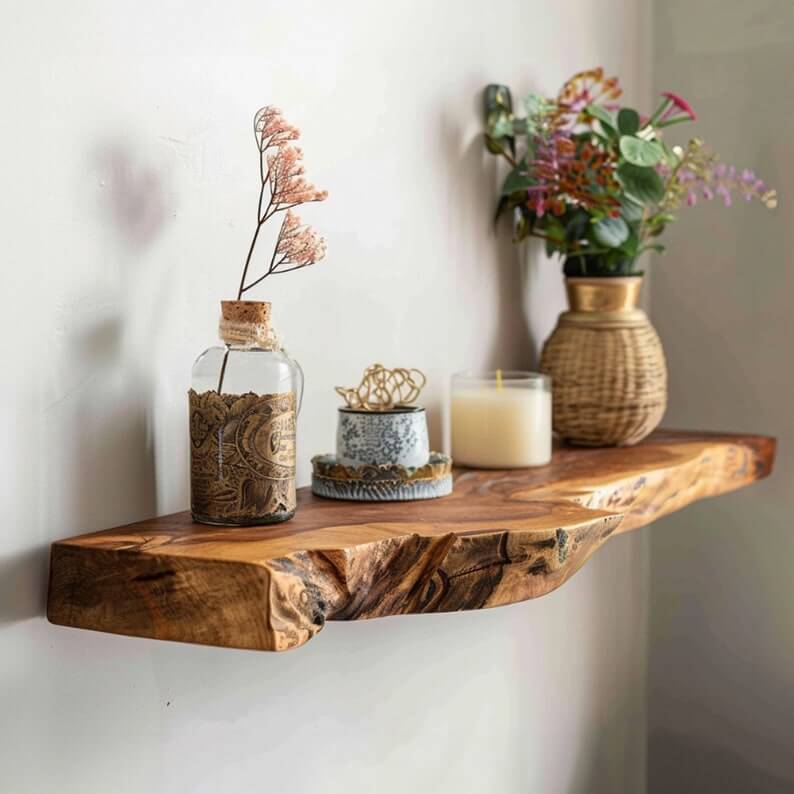 Live Edge Solid Wood Floating Shelf – Handcrafted Rustic Natural Edge Wall