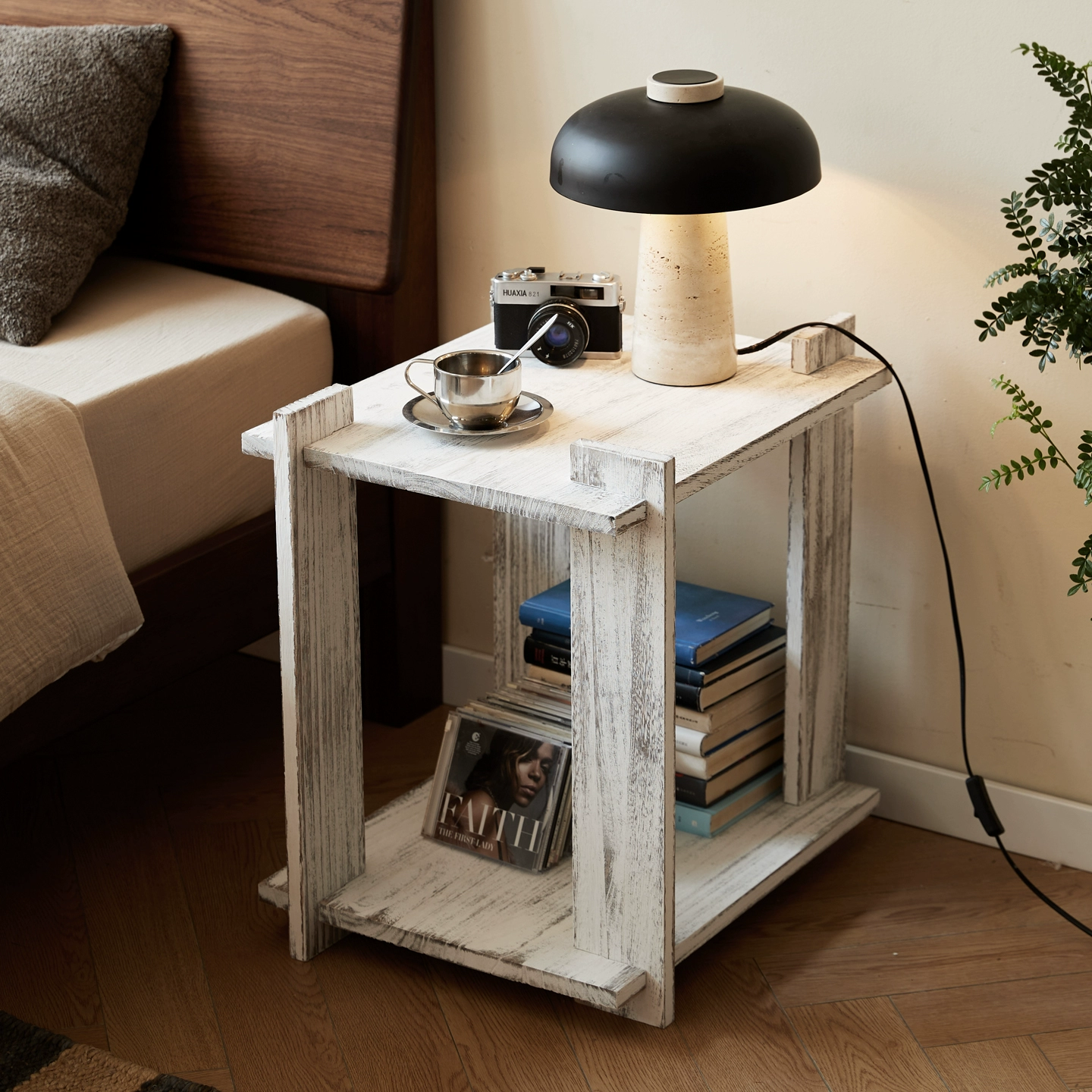 Solid Wood Nightstand with 2-Tier Open Shelves — Rustic Bedside/End Table for Small Spaces