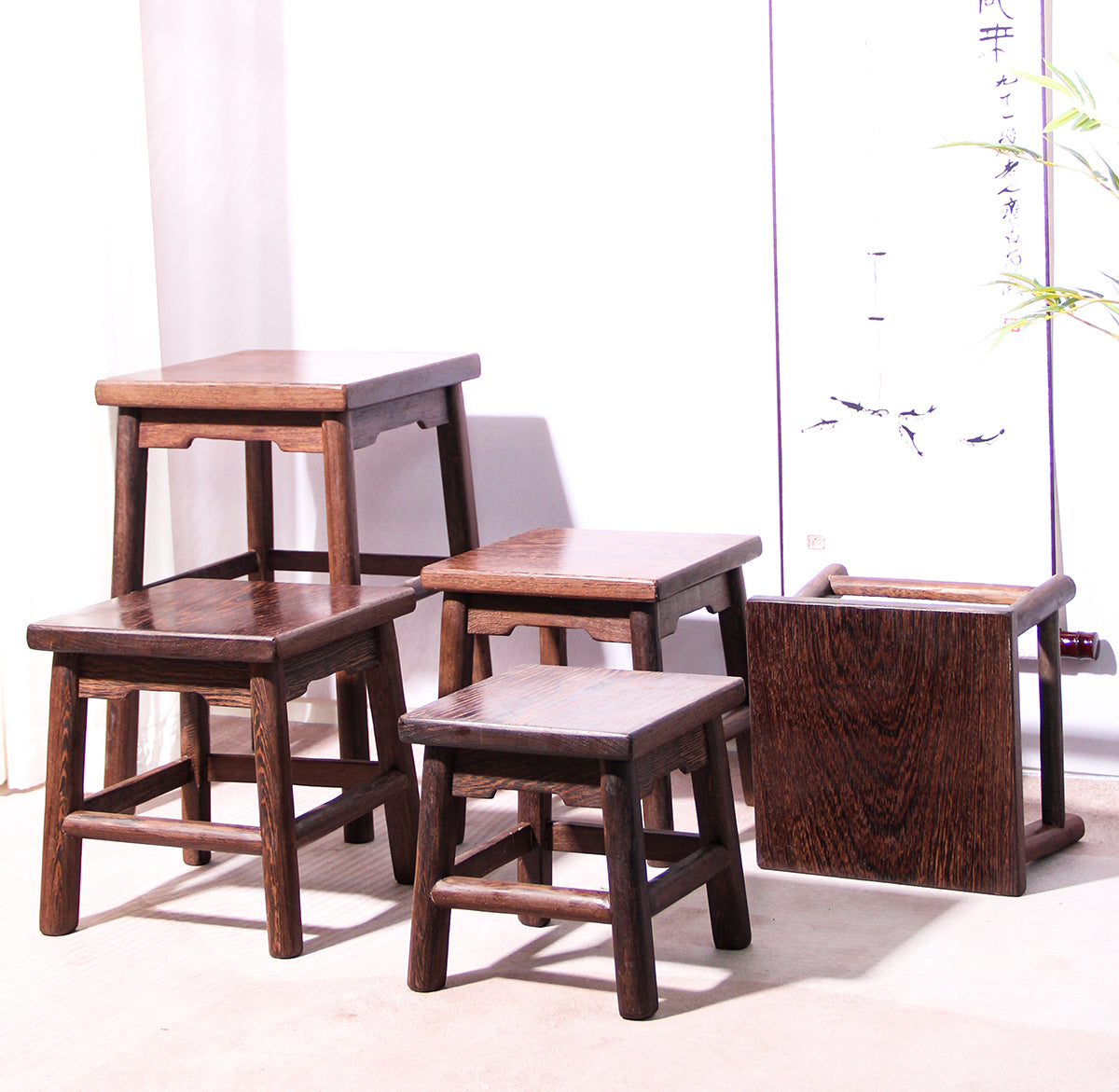 Handcrafted Wenge Wood Square Stool Set, Step Stool, Handcrafted Wooden Meditation Stool