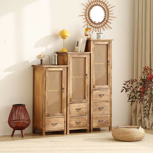 Handmade Solid Wood Rattan-Door Narrow Storage Cabinet with Drawers — Slim Farmhouse Accent Cabinet for Living Room & Small Spaces