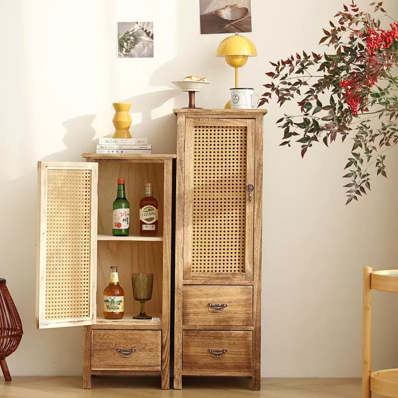 Handmade Solid Wood Rattan-Door Narrow Storage Cabinet with Drawers — Slim Farmhouse Accent Cabinet for Living Room & Small Spaces