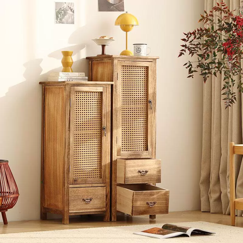 Handmade Solid Wood Rattan-Door Narrow Storage Cabinet with Drawers — Slim Farmhouse Accent Cabinet for Living Room & Small Spaces