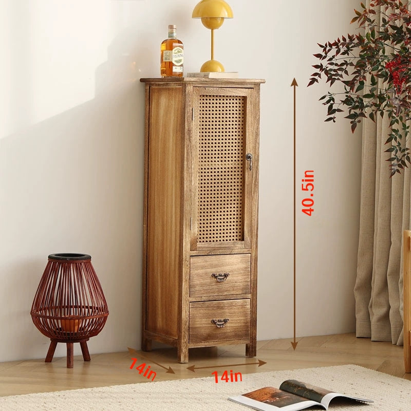Handmade Solid Wood Rattan-Door Narrow Storage Cabinet with Drawers — Slim Farmhouse Accent Cabinet for Living Room & Small Spaces