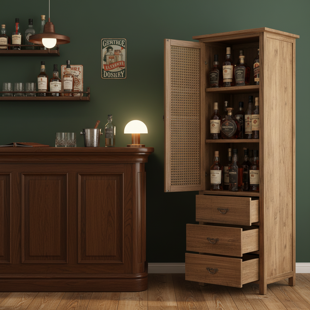 Handmade Solid Wood Rattan-Door Narrow Storage Cabinet with Drawers — Slim Farmhouse Accent Cabinet for Living Room & Small Spaces