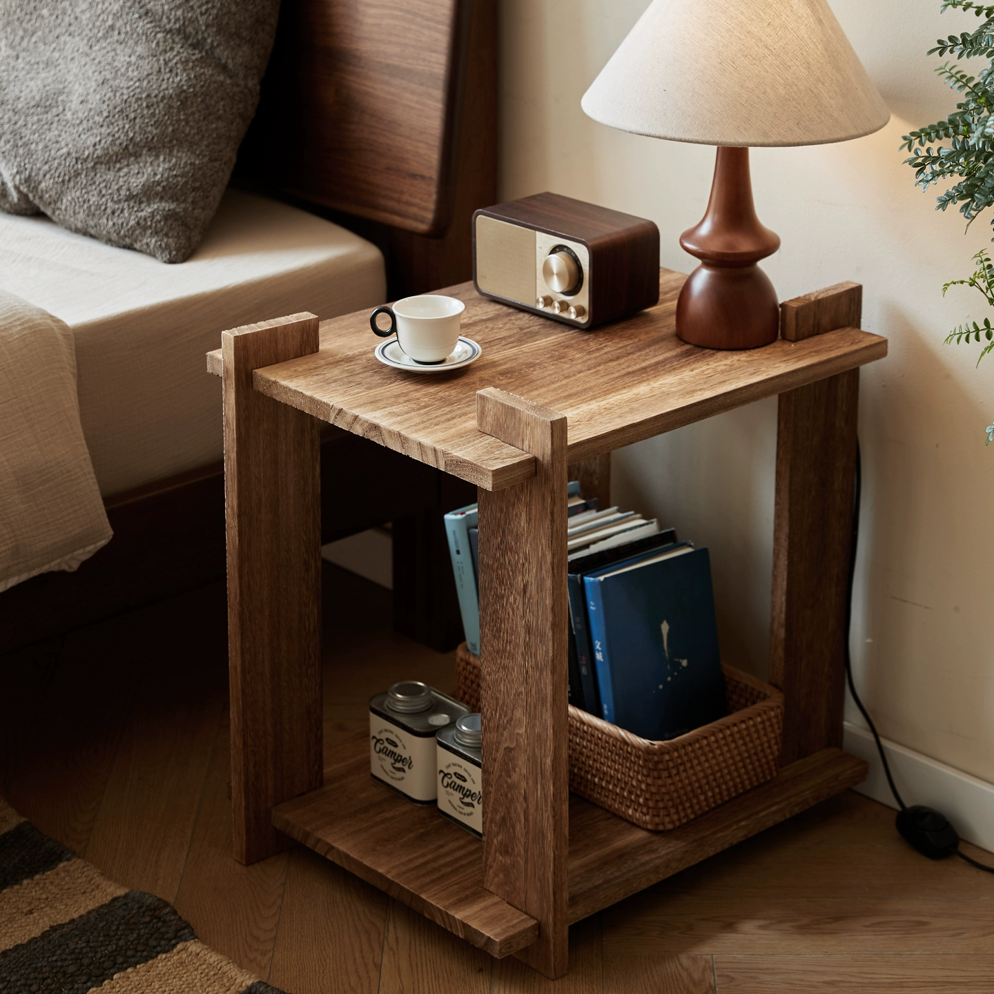 Solid Wood Nightstand with 2-Tier Open Shelves — Rustic Bedside/End Table for Small Spaces