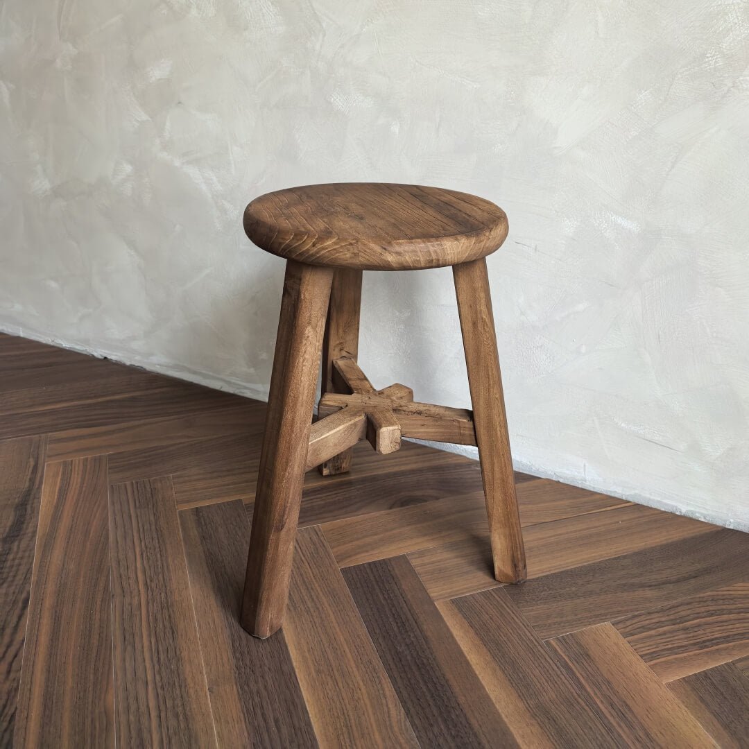 Handcrafted Solid Elm Wood Stool – Natural Weathered Wooden Stool
