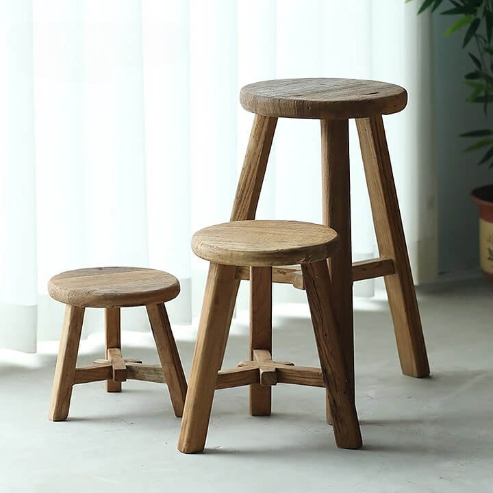 Handcrafted Solid Elm Wood Stool – Natural Weathered Wooden Stool