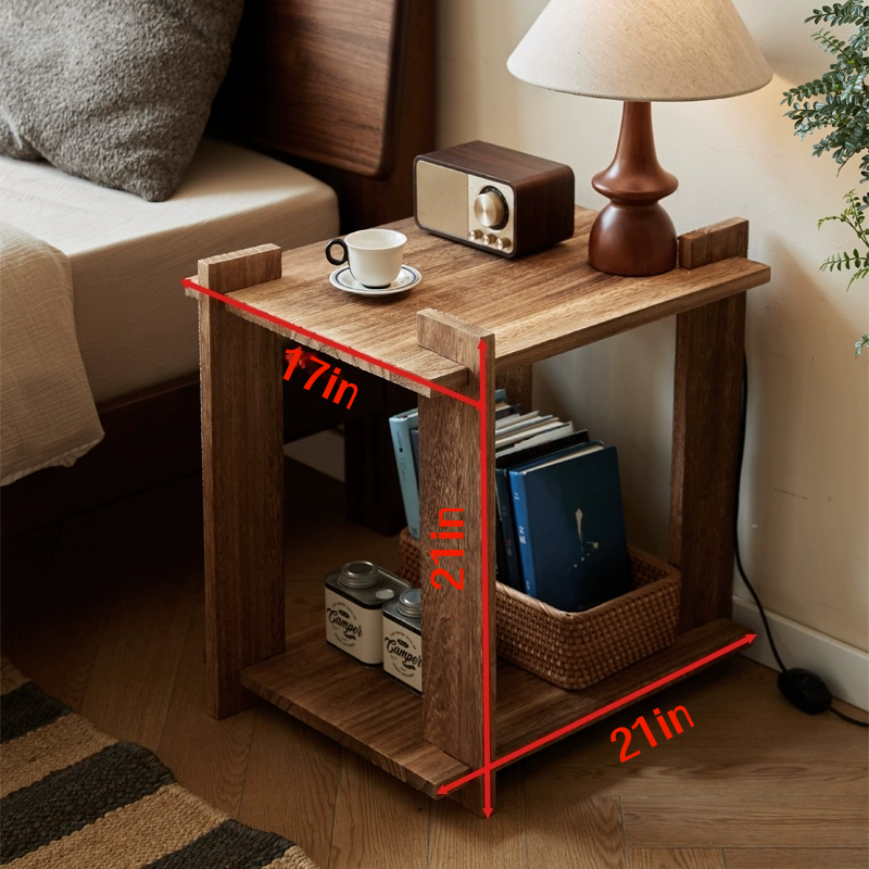 Solid Wood Nightstand with 2-Tier Open Shelves — Rustic Bedside/End Table for Small Spaces