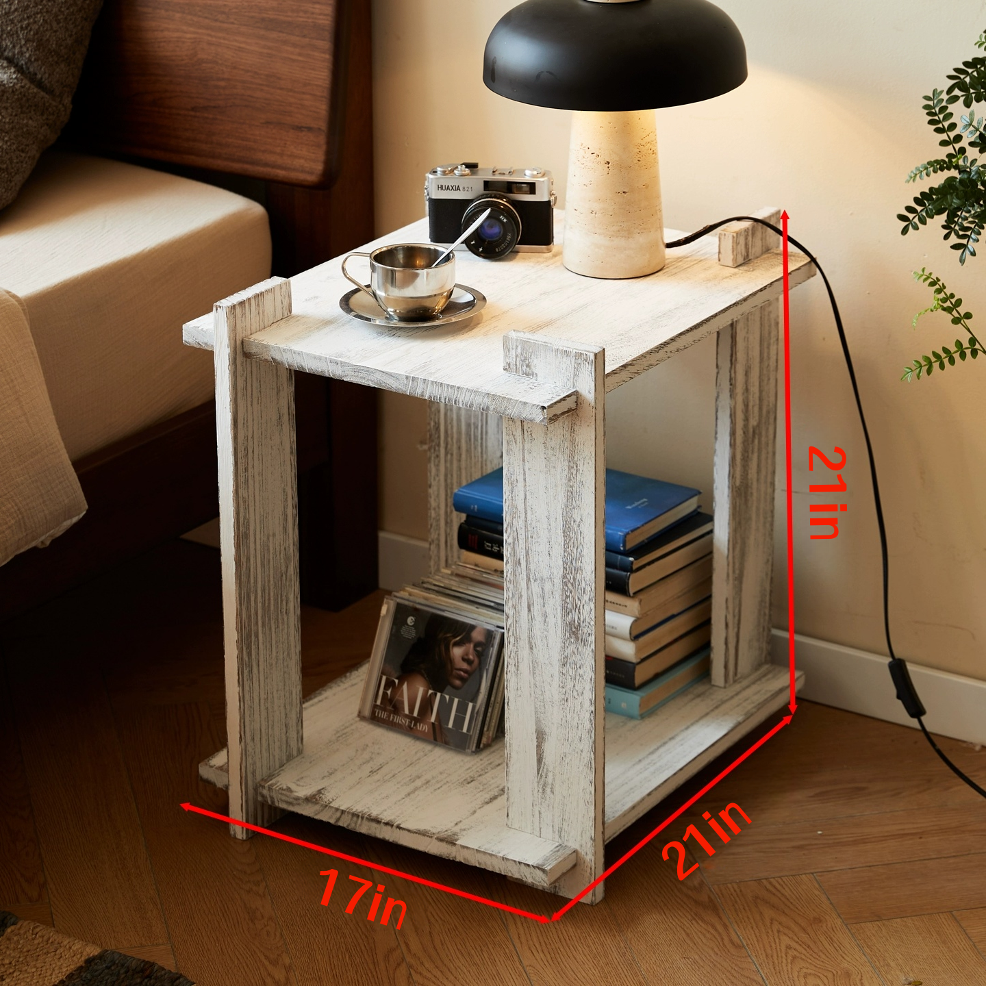 Solid Wood Nightstand with 2-Tier Open Shelves — Rustic Bedside/End Table for Small Spaces