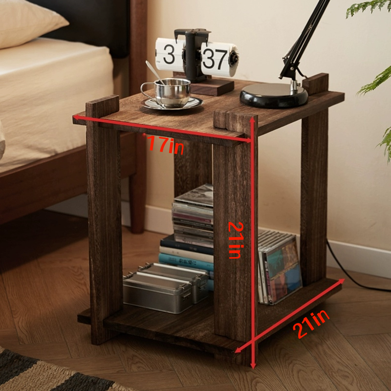 Solid Wood Nightstand with 2-Tier Open Shelves — Rustic Bedside/End Table for Small Spaces