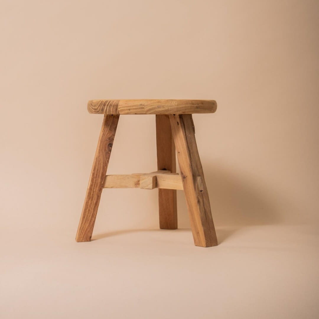 Handcrafted Solid Elm Wood Stool – Natural Weathered Wooden Stool