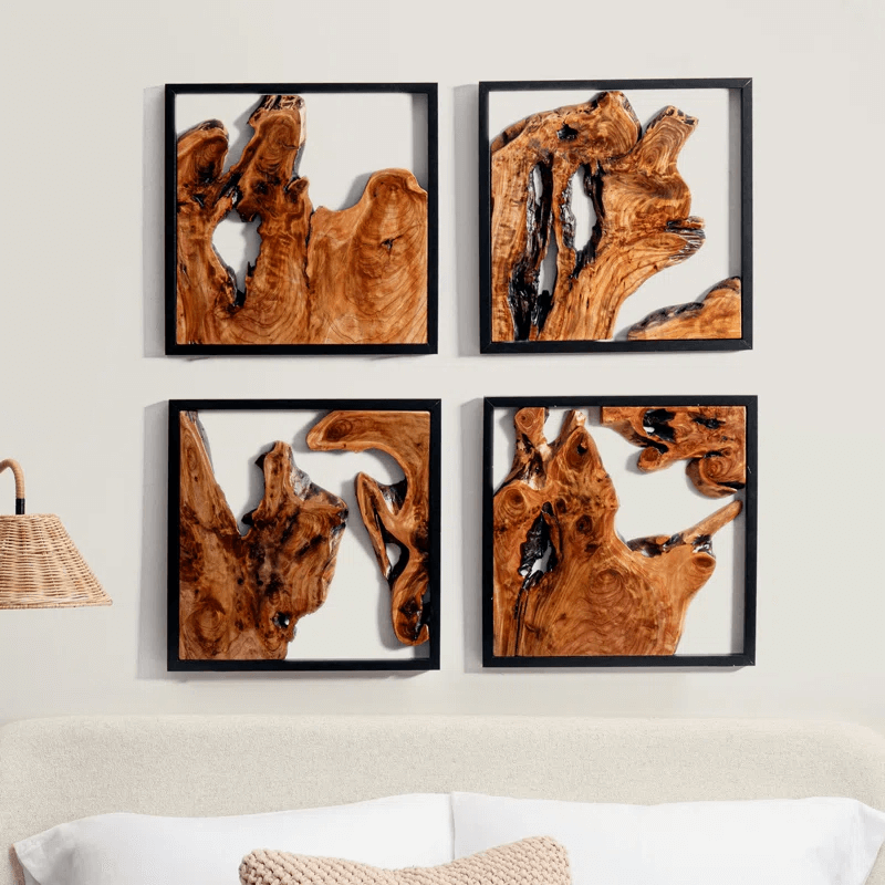 Set of 2 Rustic Teak Wood Wall Art – Natural Live Edge Framed Wall Decor