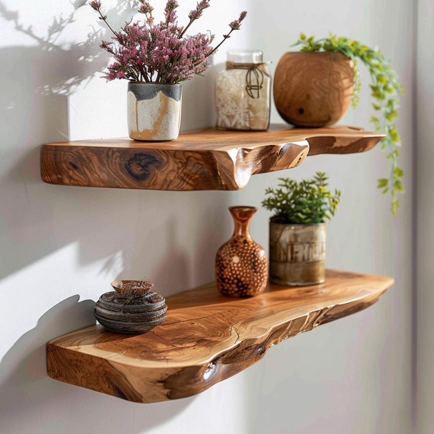 Live Edge Solid Wood Floating Shelf – Handcrafted Rustic Natural Edge Wall