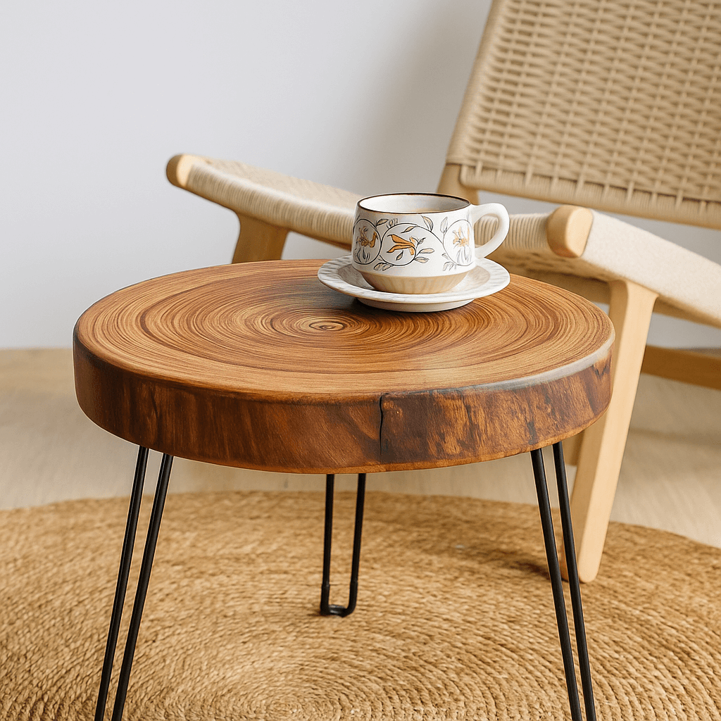 Handcrafted Live Edge Camphor Wood Coffee Table with Foldable Hairpin Legs