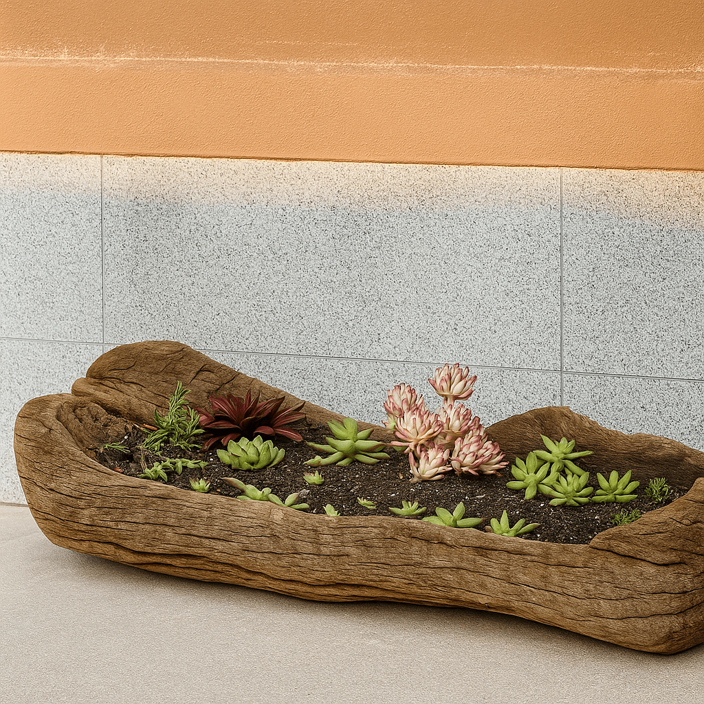 Rustic Natural Wood Trough Planter – Large Driftwood Log Succulent Holder