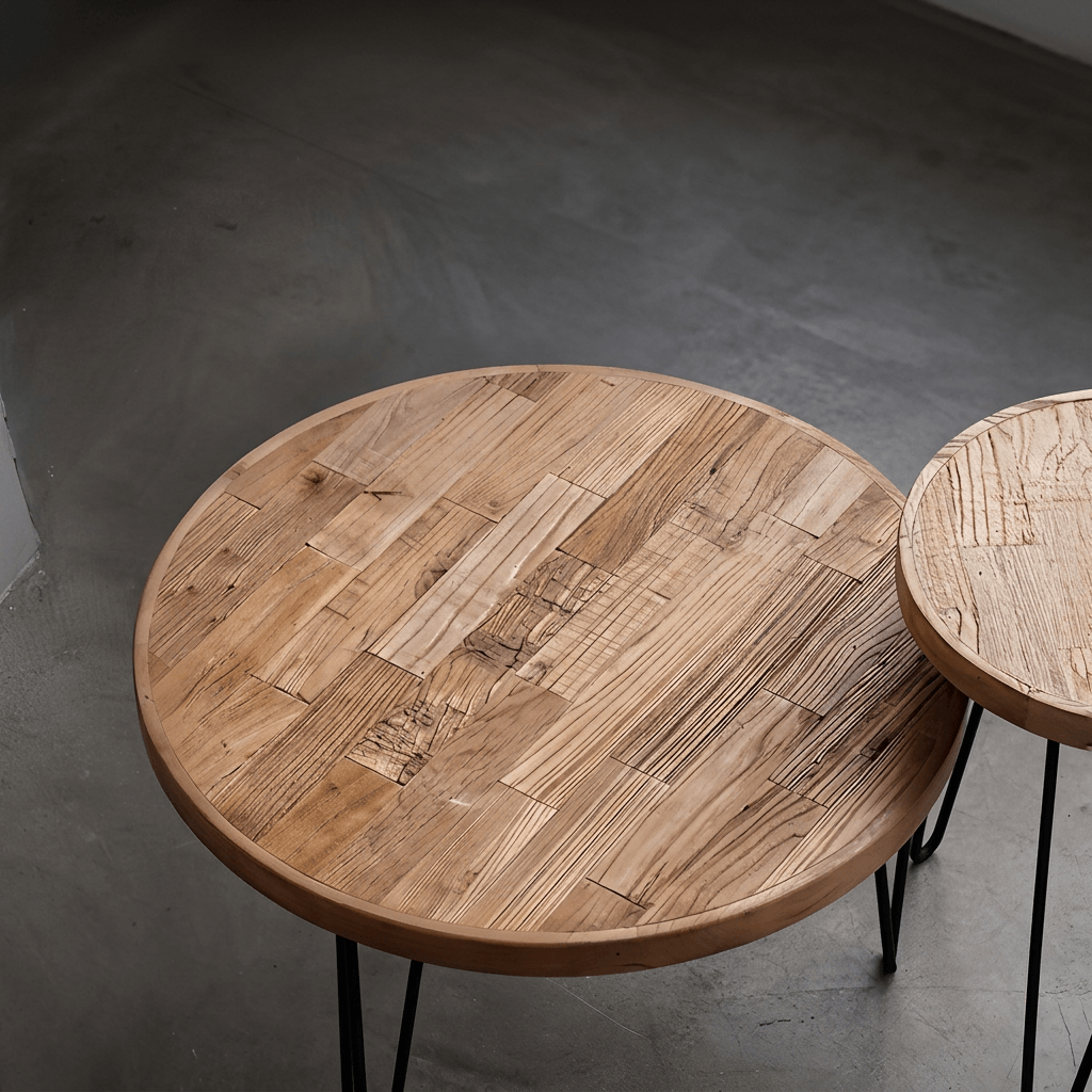 Solid Elm Wood Round Coffee Table & Side Table Set - Reclaimed Elm Wood