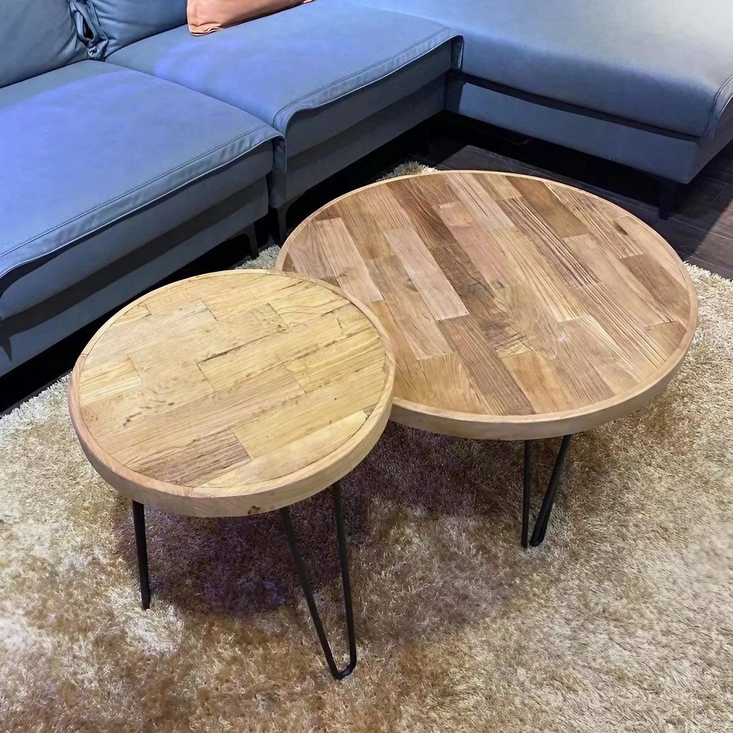 Solid Elm Wood Round Coffee Table & Side Table Set - Reclaimed Elm Wood