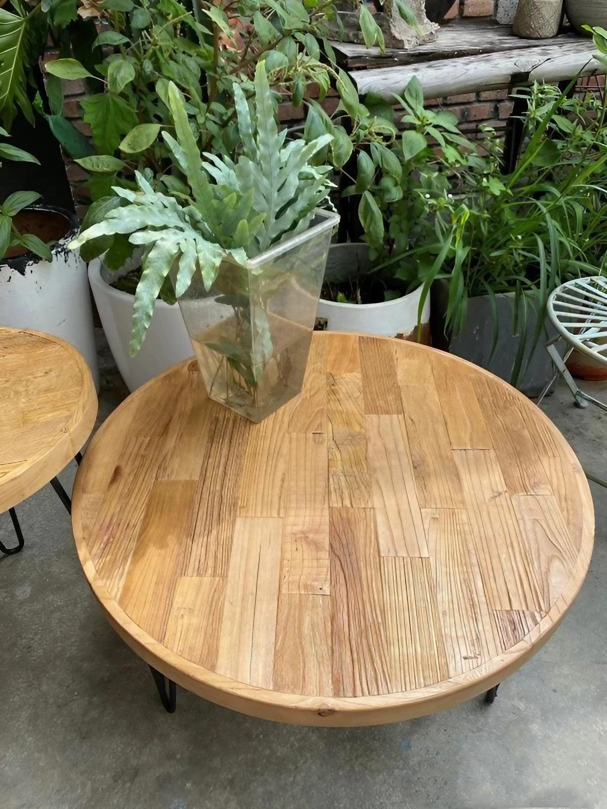 Solid Elm Wood Round Coffee Table & Side Table Set - Reclaimed Elm Wood
