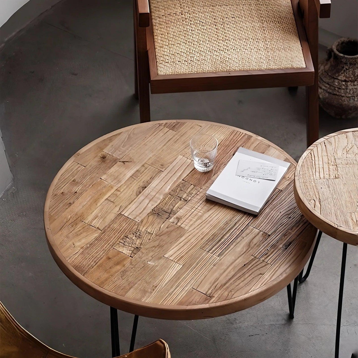 Solid Elm Wood Round Coffee Table & Side Table Set - Reclaimed Elm Wood
