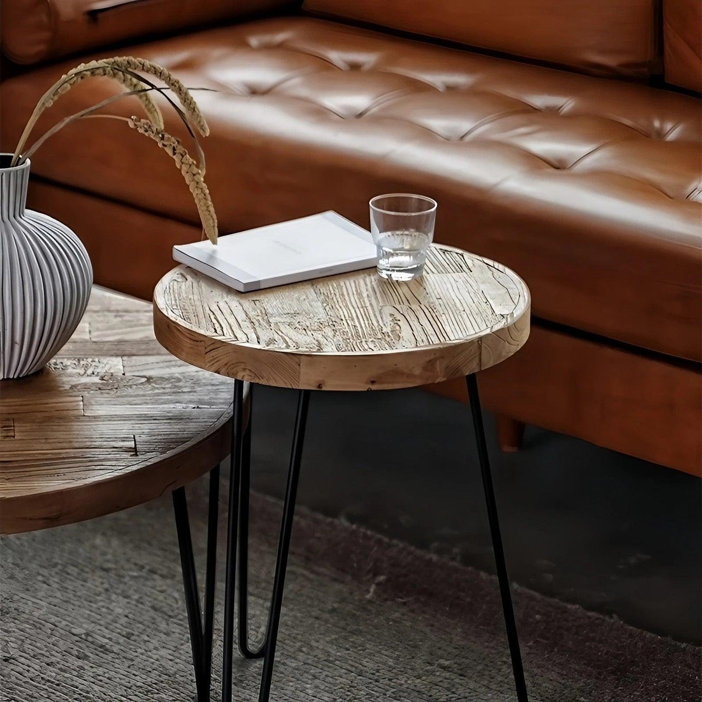 Solid Elm Wood Round Coffee Table & Side Table Set - Reclaimed Elm Wood