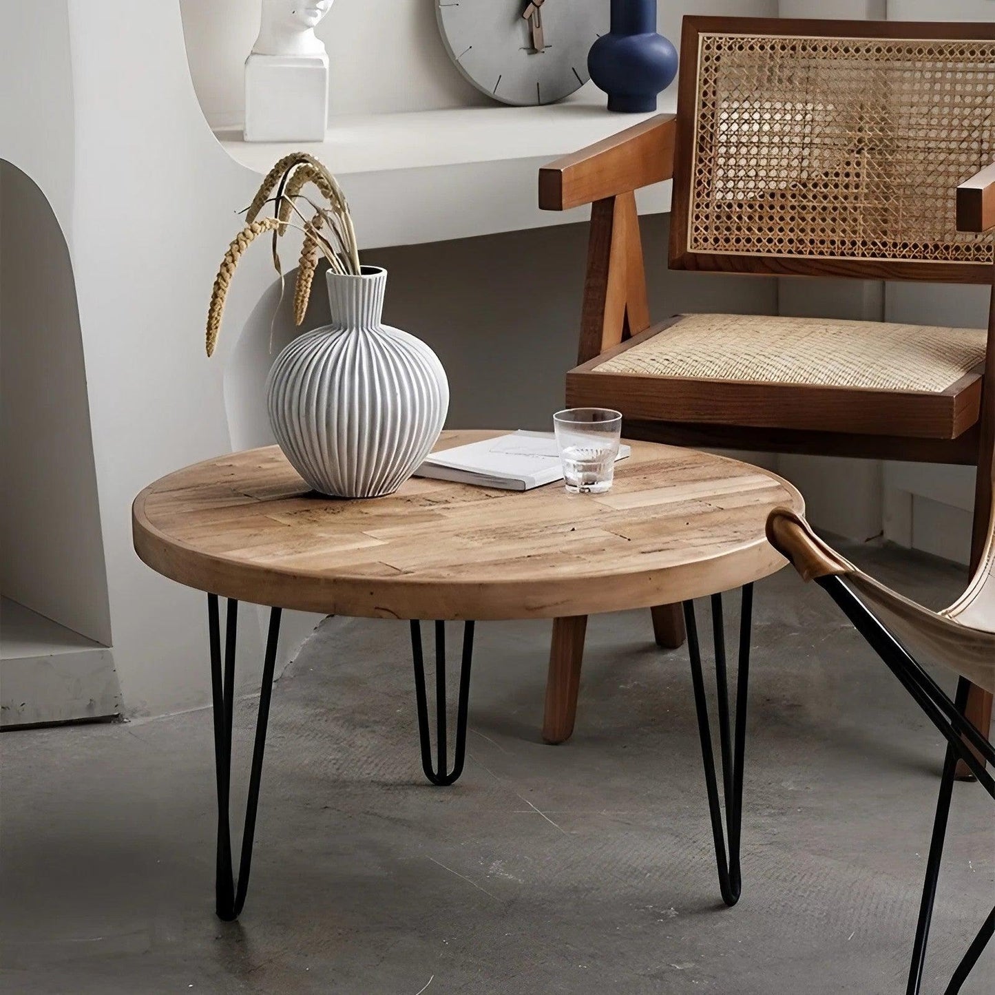 Solid Elm Wood Round Coffee Table & Side Table Set - Reclaimed Elm Wood