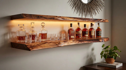 The Perfect Pour: Styling a Whiskey Bar with Live Edge Shelves