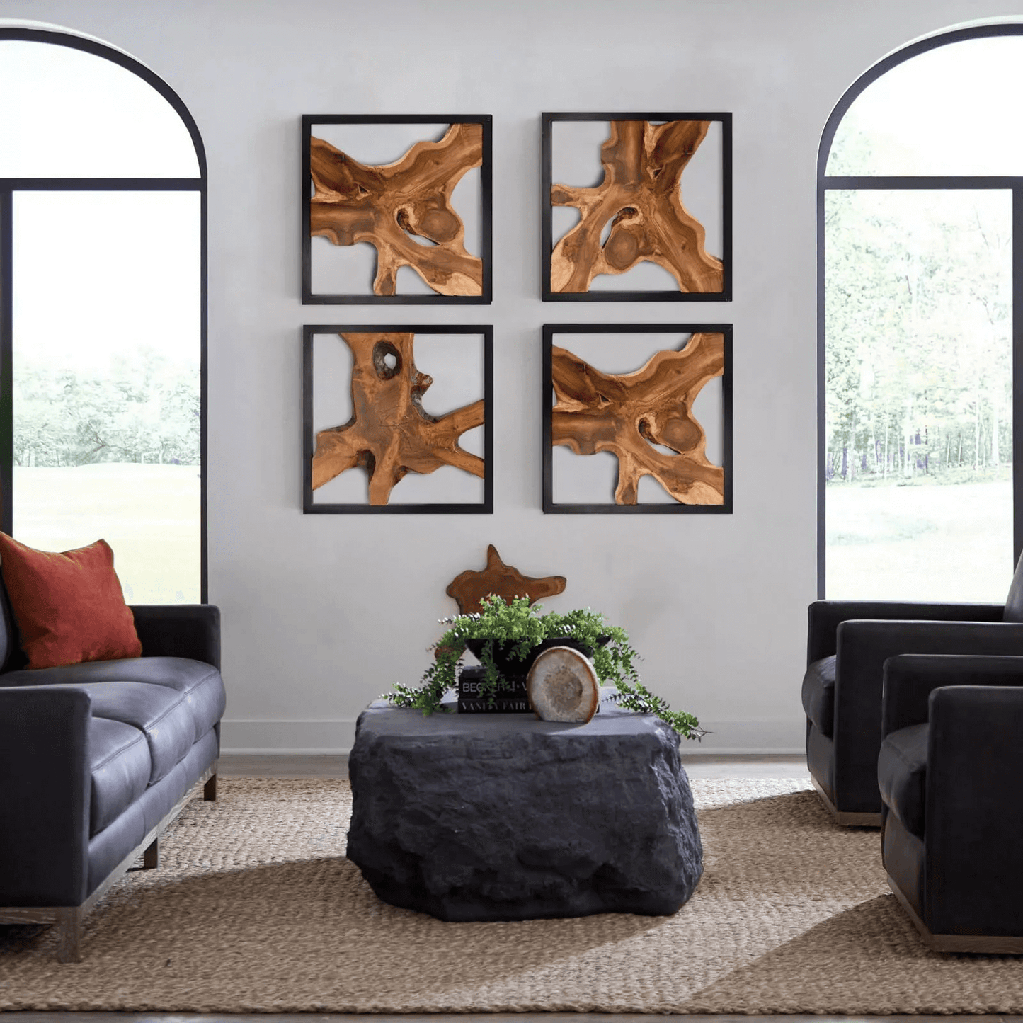 Set of 2 Rustic Teak Wood Wall Art – Natural Live Edge Framed Wall Decor