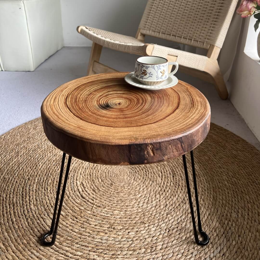 Handcrafted Live Edge Camphor Wood Coffee Table with Foldable Hairpin Legs