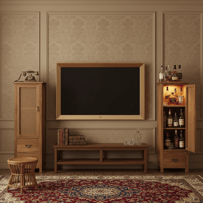 Handmade Solid Wood Rattan-Door Narrow Storage Cabinet with Drawers — Slim Farmhouse Accent Cabinet for Living Room & Small Spaces