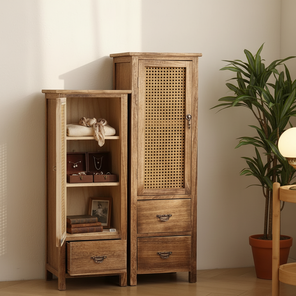 Handmade Solid Wood Rattan-Door Narrow Storage Cabinet with Drawers — Slim Farmhouse Accent Cabinet for Living Room & Small Spaces