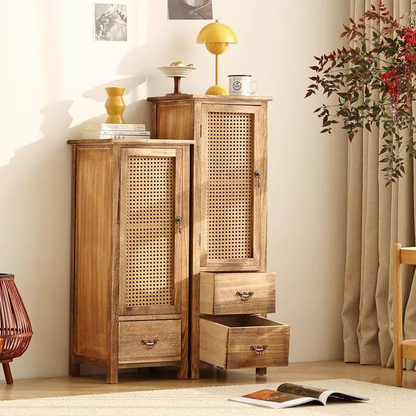Handmade Solid Wood Rattan-Door Narrow Storage Cabinet with Drawers — Slim Farmhouse Accent Cabinet for Living Room & Small Spaces