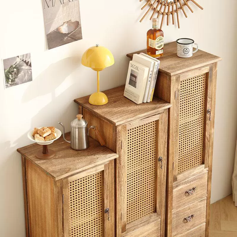 Handmade Solid Wood Rattan-Door Narrow Storage Cabinet with Drawers — Slim Farmhouse Accent Cabinet for Living Room & Small Spaces