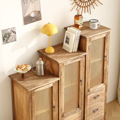 Handmade Solid Wood Rattan-Door Narrow Storage Cabinet with Drawers — Slim Farmhouse Accent Cabinet for Living Room & Small Spaces