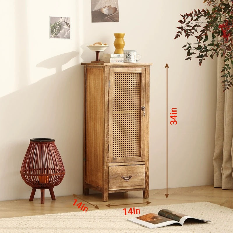 Handmade Solid Wood Rattan-Door Narrow Storage Cabinet with Drawers — Slim Farmhouse Accent Cabinet for Living Room & Small Spaces