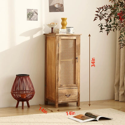 Handmade Solid Wood Rattan-Door Narrow Storage Cabinet with Drawers — Slim Farmhouse Accent Cabinet for Living Room & Small Spaces