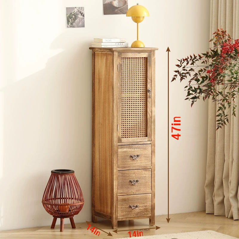 Handmade Solid Wood Rattan-Door Narrow Storage Cabinet with Drawers — Slim Farmhouse Accent Cabinet for Living Room & Small Spaces