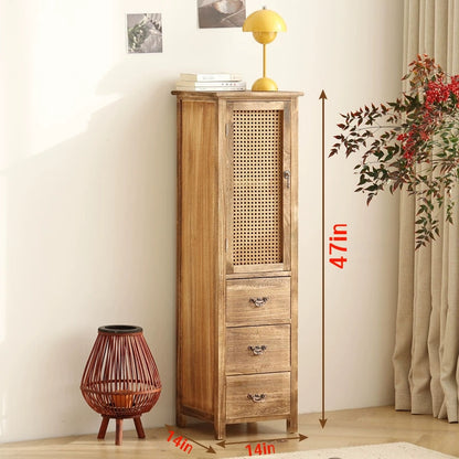 Handmade Solid Wood Rattan-Door Narrow Storage Cabinet with Drawers — Slim Farmhouse Accent Cabinet for Living Room & Small Spaces