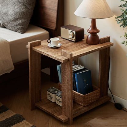Solid Wood Nightstand with 2-Tier Open Shelves — Rustic Bedside/End Table for Small Spaces