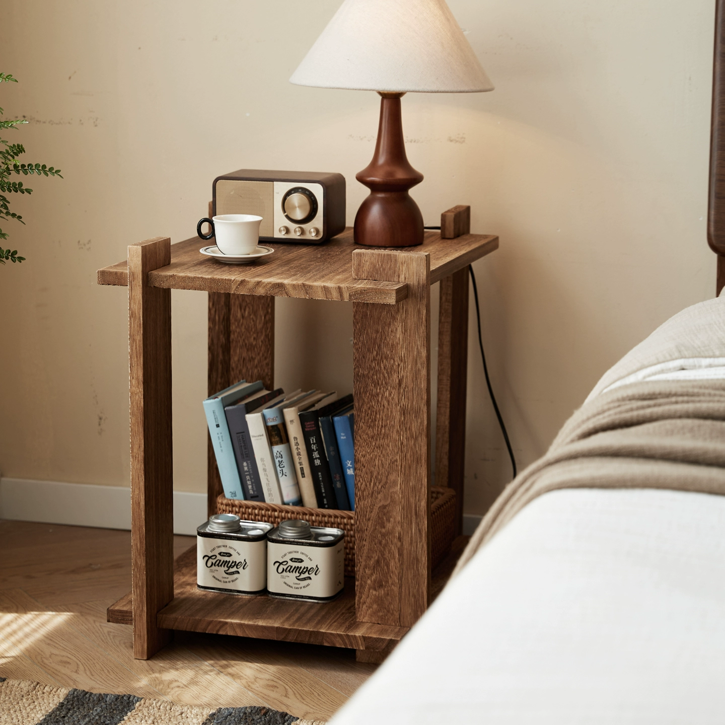 Solid Wood Nightstand with 2-Tier Open Shelves — Rustic Bedside/End Table for Small Spaces