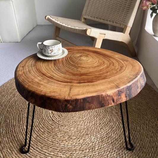 Handcrafted Live Edge Camphor Wood Coffee Table with Foldable Hairpin Legs