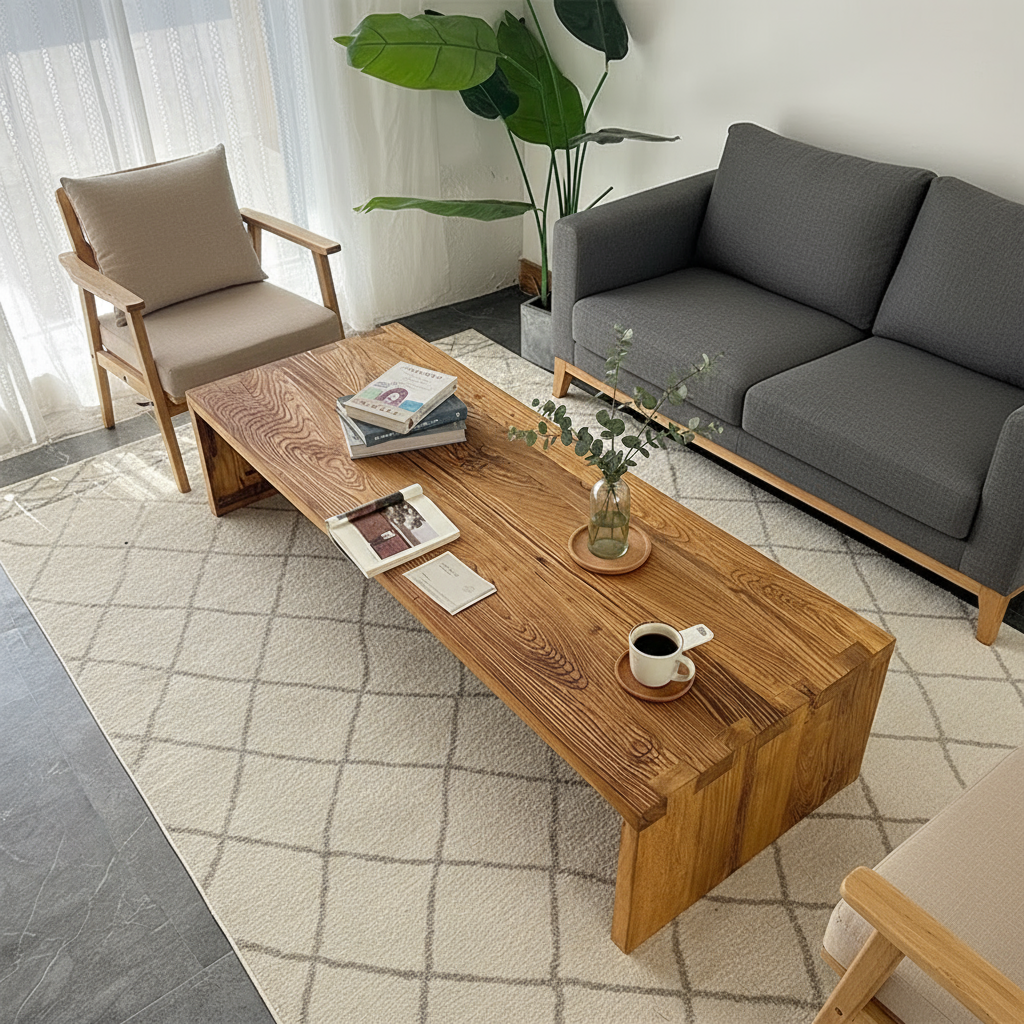 Handcrafted Solid Wood Table — Rustic Farmhouse Center Table with Extra-Long Plank Top for Living Room