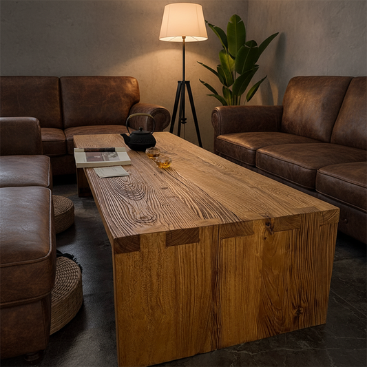Handcrafted Solid Wood Table — Rustic Farmhouse Center Table with Extra-Long Plank Top for Living Room