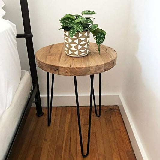 Rustic Round Old Elm Wood End Table