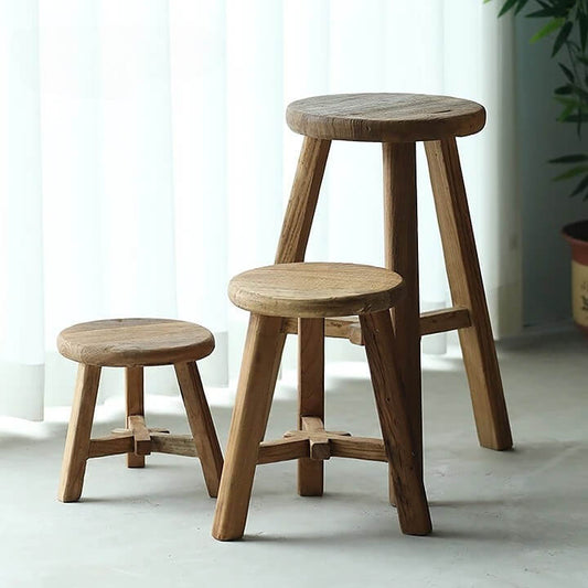 Handcrafted Solid Elm Wood Stool – Natural Weathered Wooden Stool