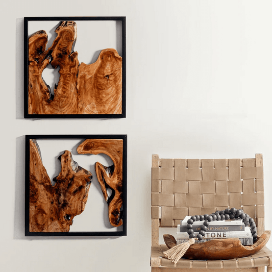 Set of 2 Rustic Teak Wood Wall Art – Natural Live Edge Framed Wall Decor