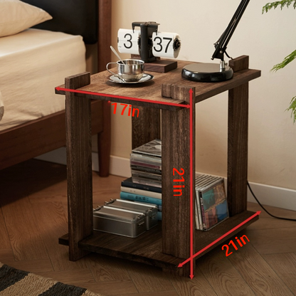 Solid Wood Nightstand with 2-Tier Open Shelves — Rustic Bedside/End Table for Small Spaces